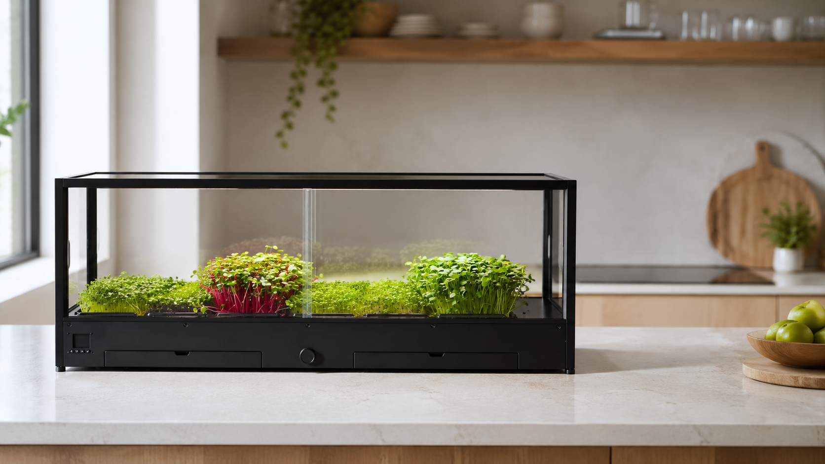 Modern indoor microfarm on a kitchen counter with greens growing inside.