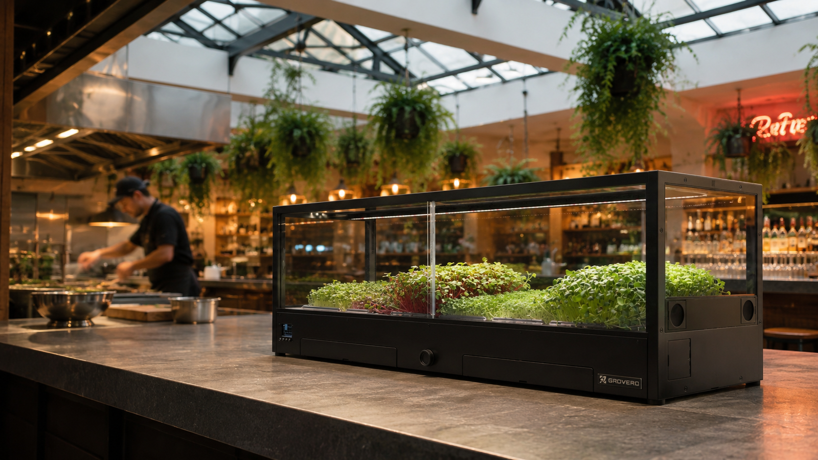 An indoor microfarm with green microgreens growing inside, placed on a kitchen island in a warm, hip restaurant.