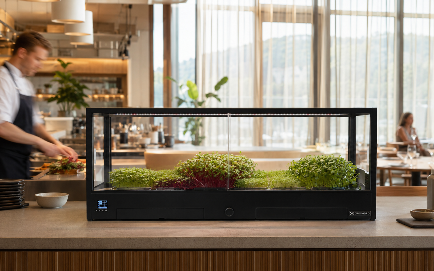 MiniGro in a restaurant, with chef cooking in the background.