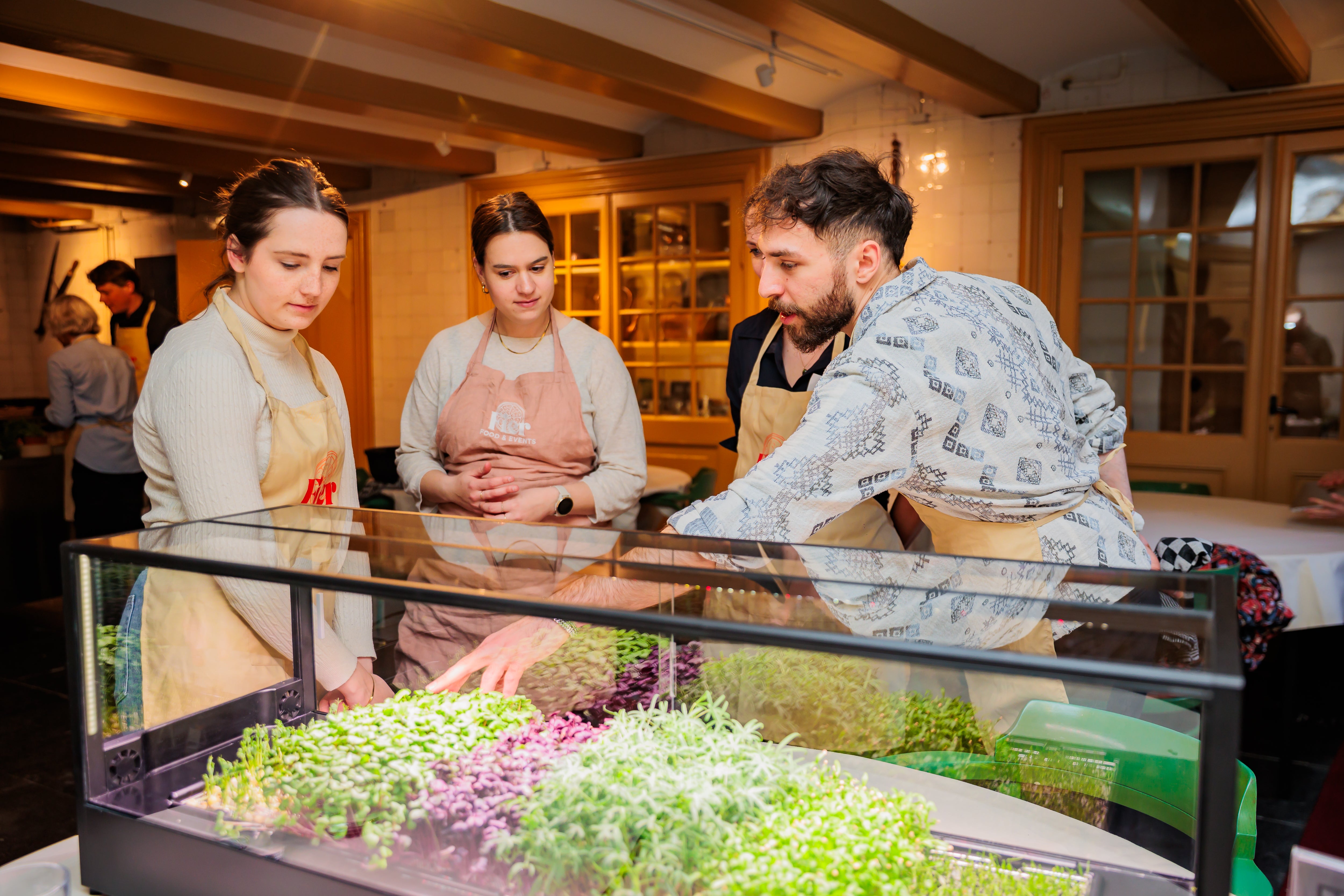 People looking at the microfarm with greens growing inside.