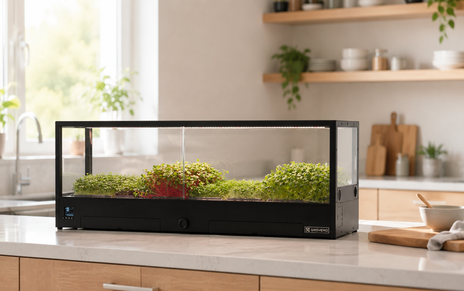 Minigro indoor microfarm sitting on table top in a home kitchen